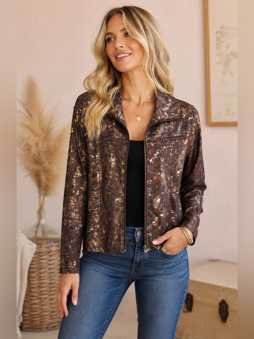 Clara S Metallic Animal Print Brown Zip-Front Jacket